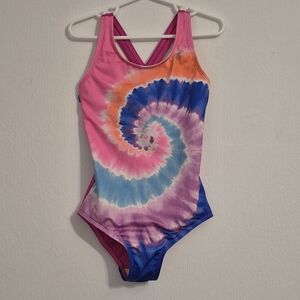 Girls Lands' End Crisscross One Piece Swimsuit Blue Pink Orange Tie Dye Size 6